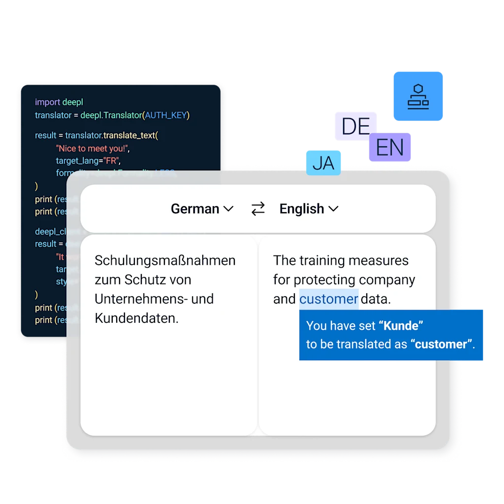 UI showing API integration for glossaries with German and English focusing on the word "Kunde being set to be translated to the word customer.