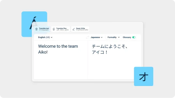 La imagen muestra una interfaz de traducción con el texto en inglés «Welcome to the team Aiko!» a la izquierda y su traducción en japonés a la derecha. La interfaz incluye opciones para traducir texto, traducir archivos y utilizar DeepL Write. Hay iconos morados con caracteres japoneses en las esquinas superior izquierda e inferior derecha de la interfaz.
