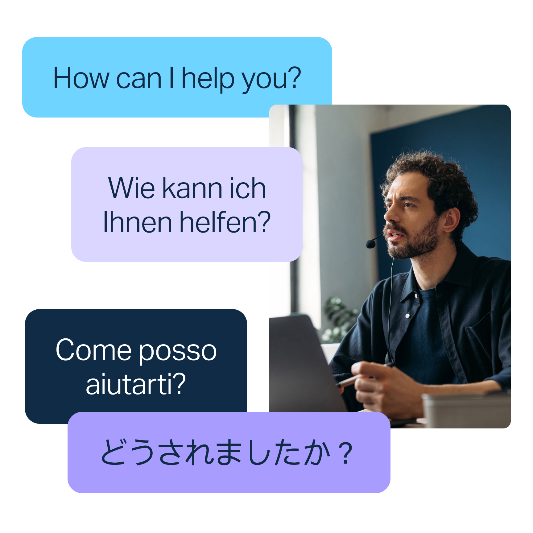 De afbeelding toont een persoon aan een bureau met een laptop. Om de persoon heen staan tekstballonnen met de zin "Hoe kan ik u helpen?" in verschillende talen: Engels ("How can I help you?"), Duits ("Wie kann ich Ihnen helfen?"), Italiaans ("Come posso aiutarti?") en Japans ("どうされましたか？").