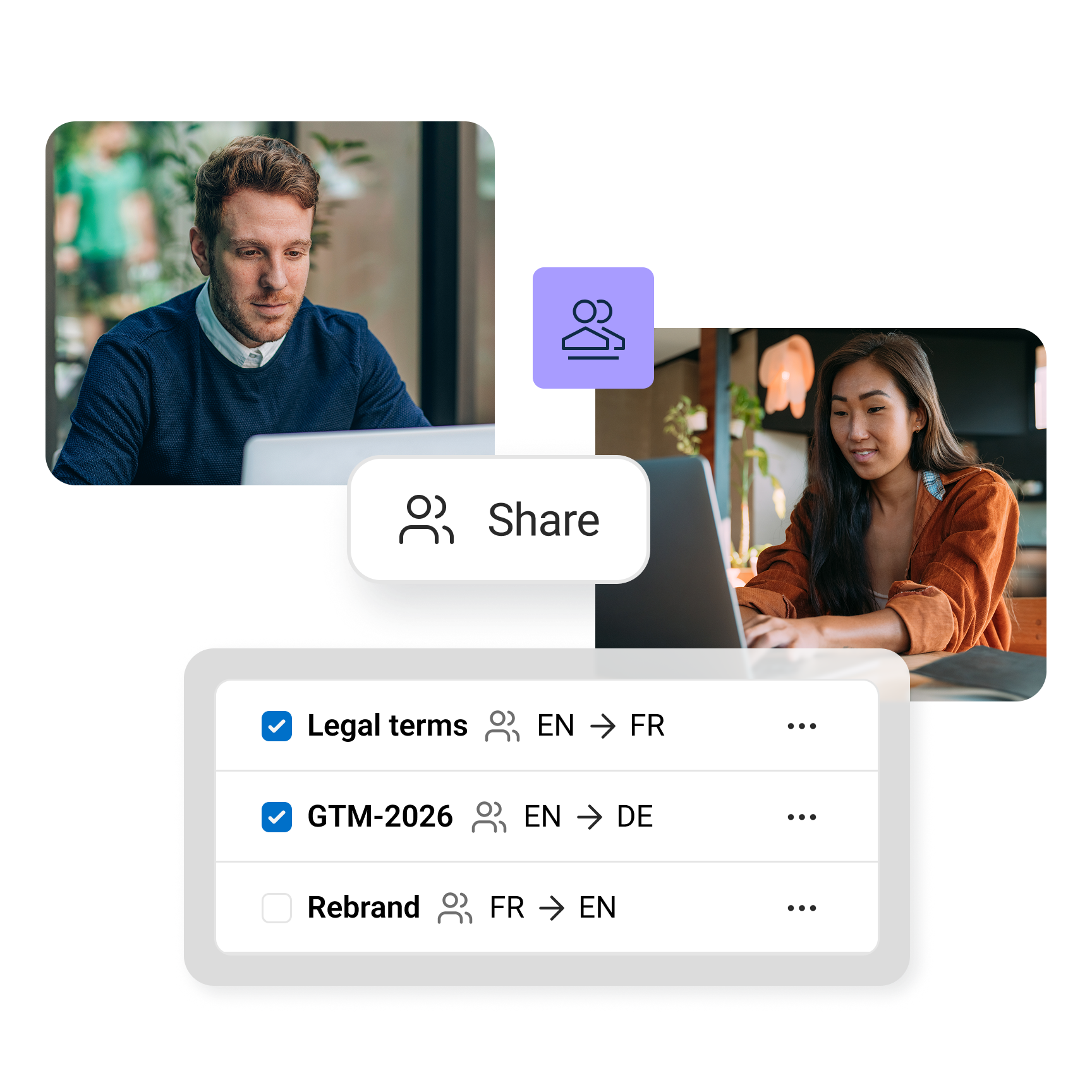 Two people sharing glossaries with each other for legal terms in English to French, go-to-market 2026 English to German, and a rebrand French to English.