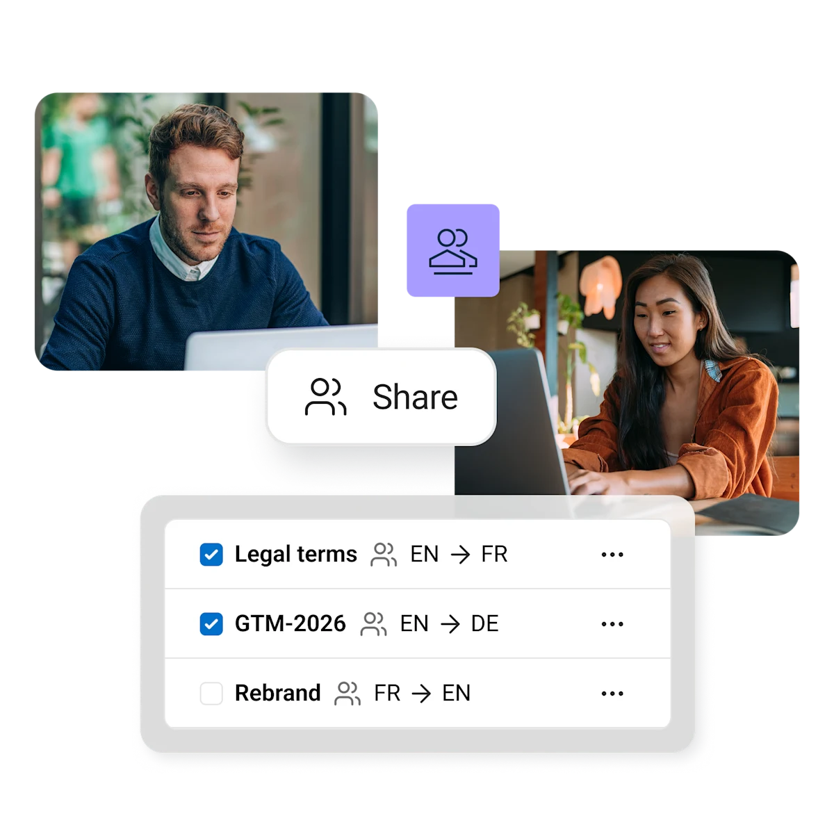 Two people sharing glossaries with each other for legal terms in English to French, go-to-market 2026 English to German, and a rebrand French to English.