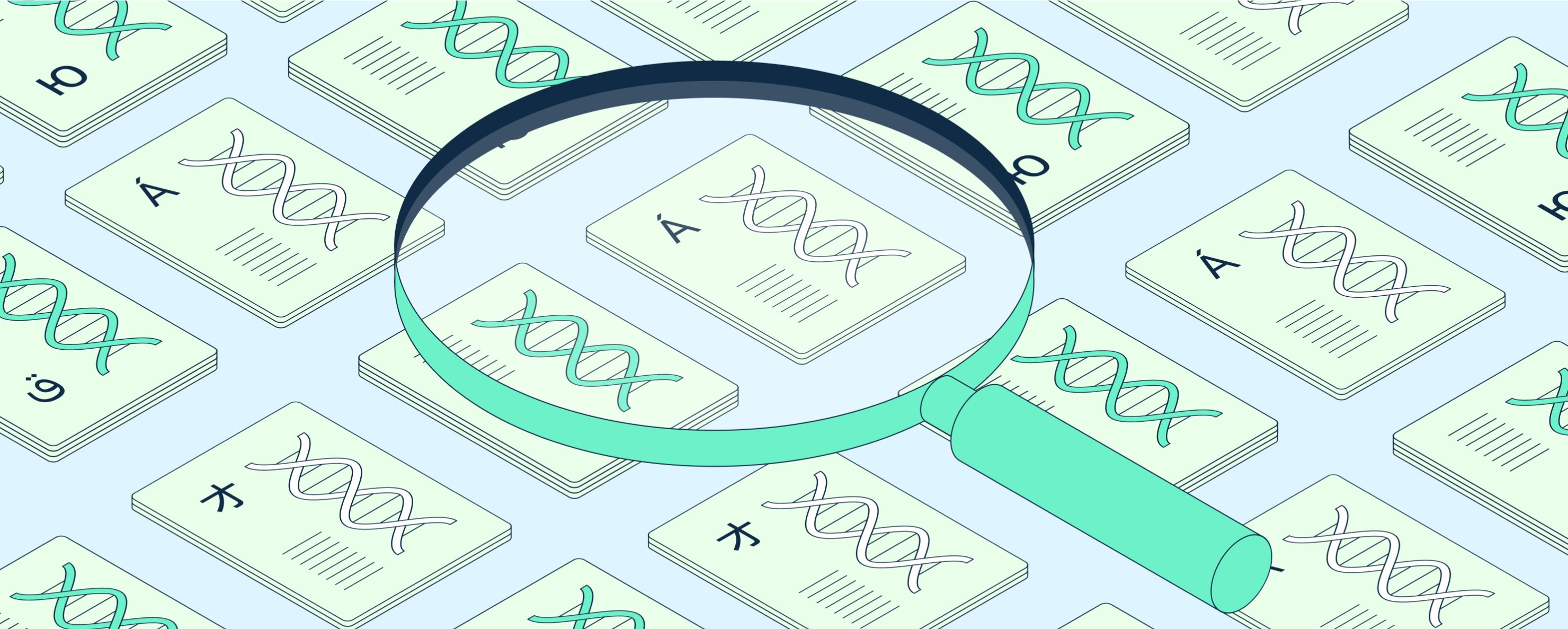 Magnifying glass over squares with symbols in