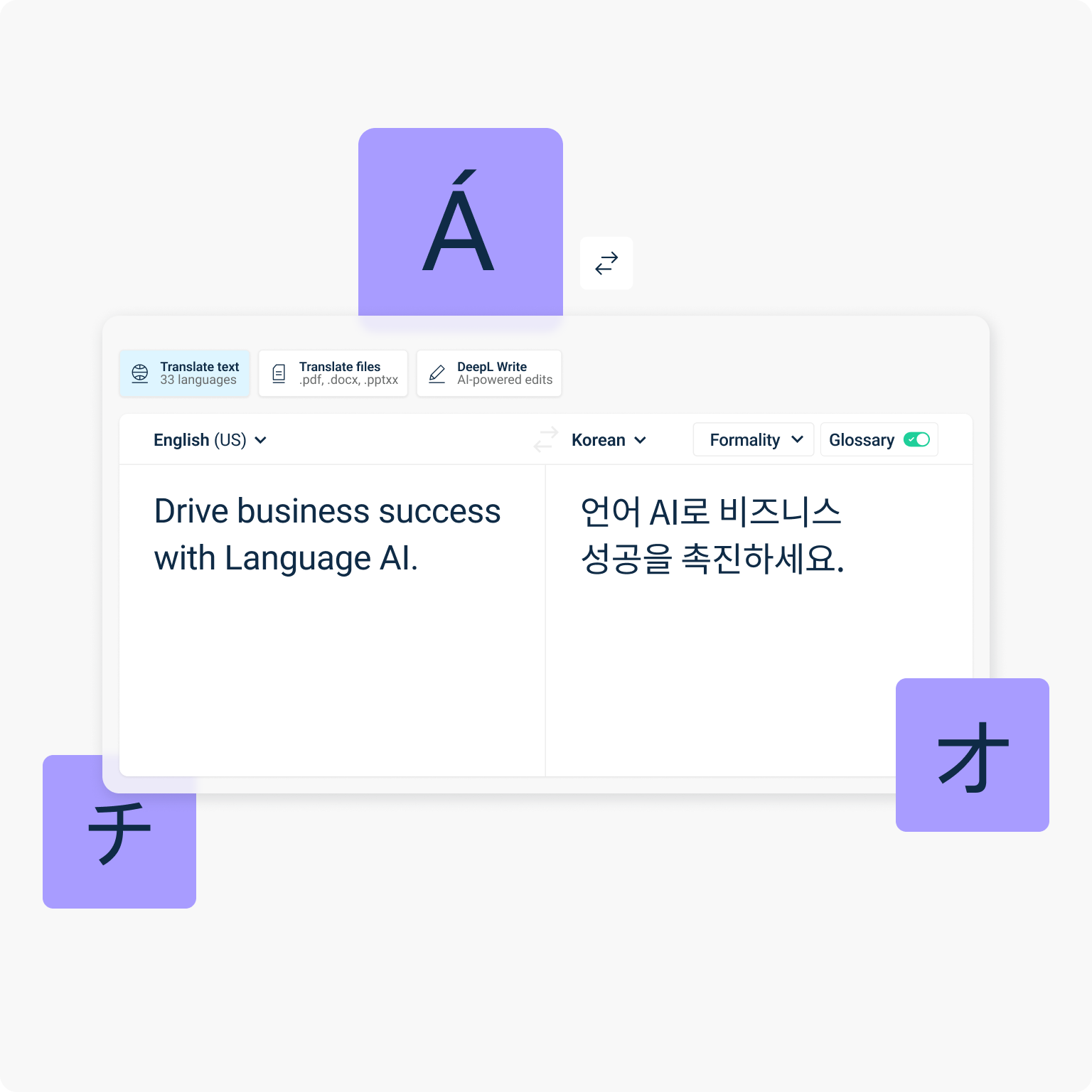 De tekst luidt "Drive business success with Language AI" naast de vertaling in het Koreaans. Paarse taalsymbolen worden rond de tekst weergegeven.