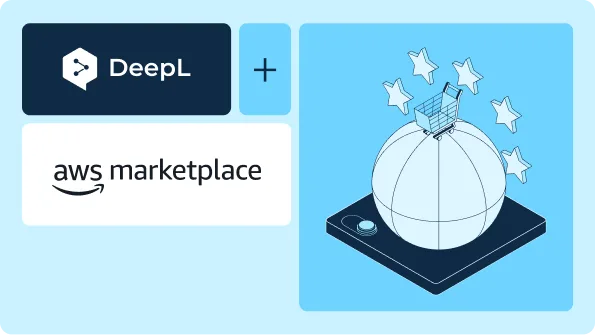 Une image représentant un globe terrestre surmonté d'une couronne d'étoiles, d'un caddie ainsi que des logos de DeepL et d'AWS Marketplace.