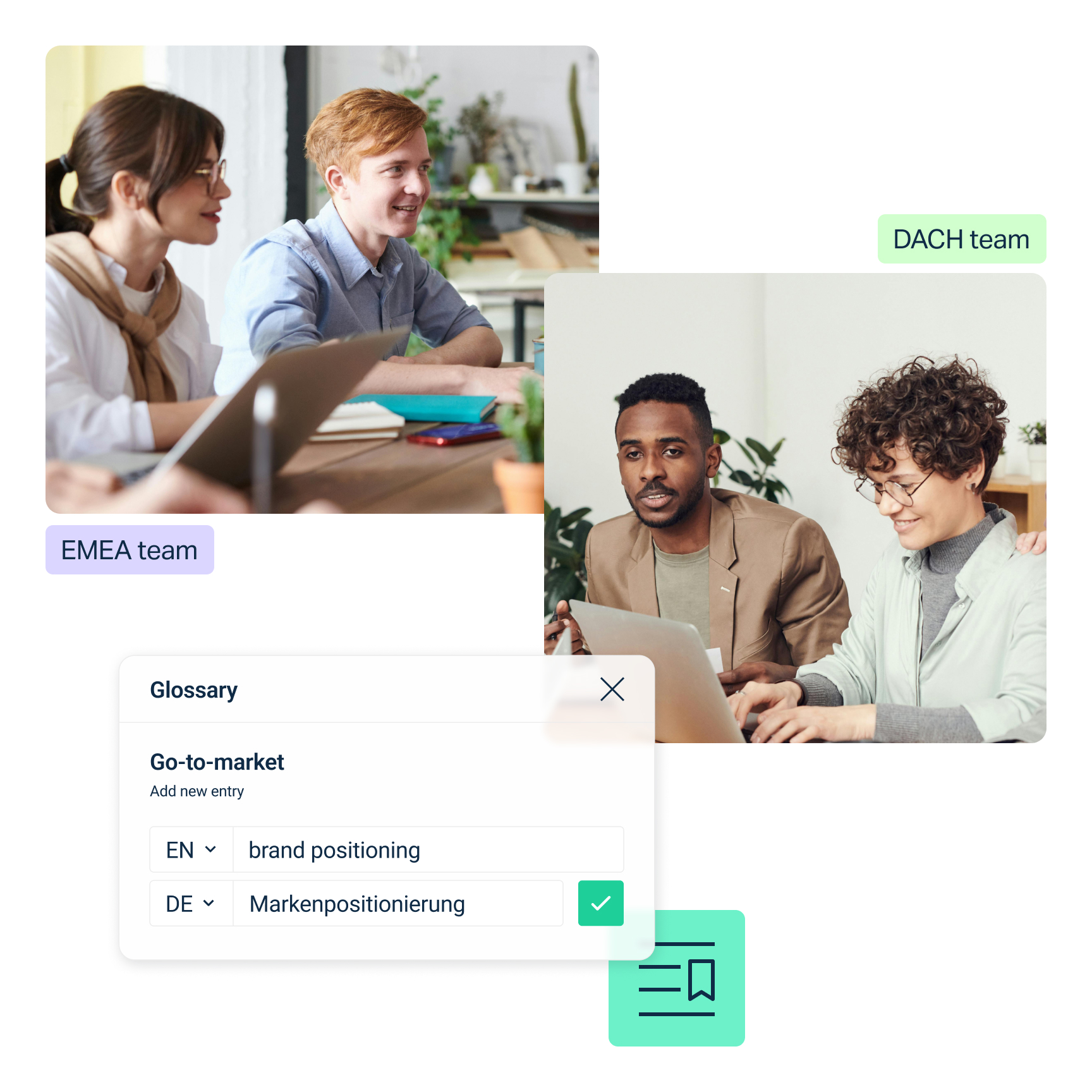 Images intitulées « EMEA team » et « DACH team » avec une entrée du glossaire pour « Go-to-market » avec les traductions : « EN - brand positioning » et « DE - Markenpositionierung ».