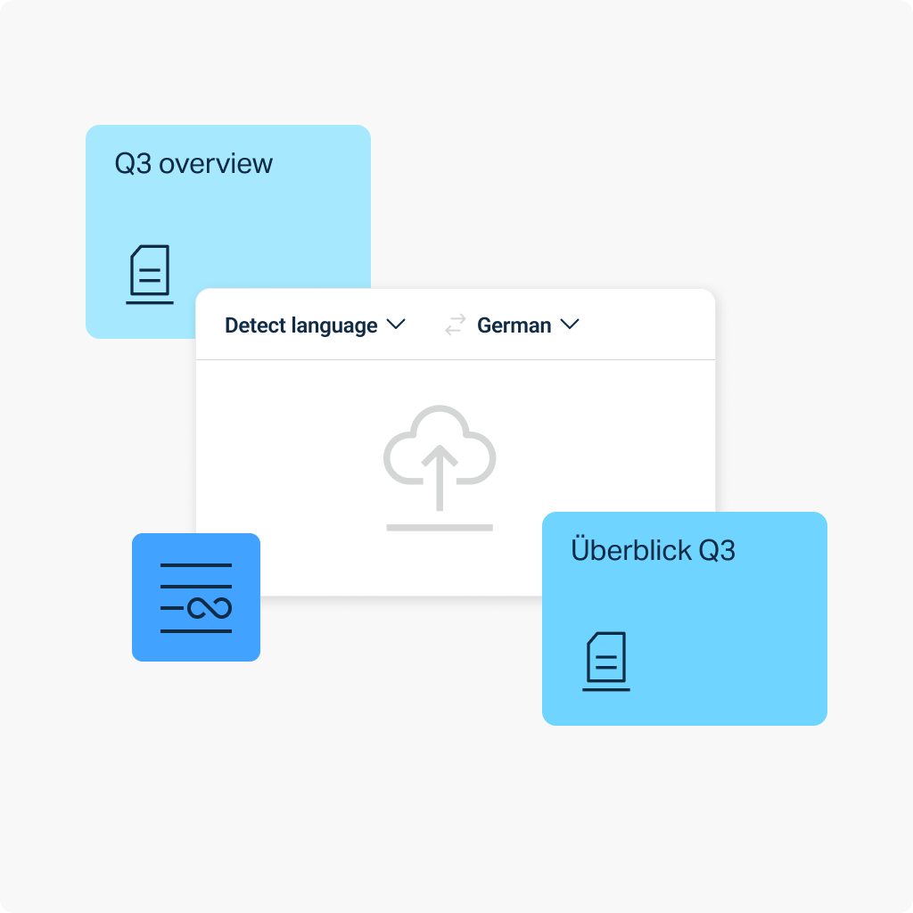 Illustration of PPT documents and language selector on yellow background