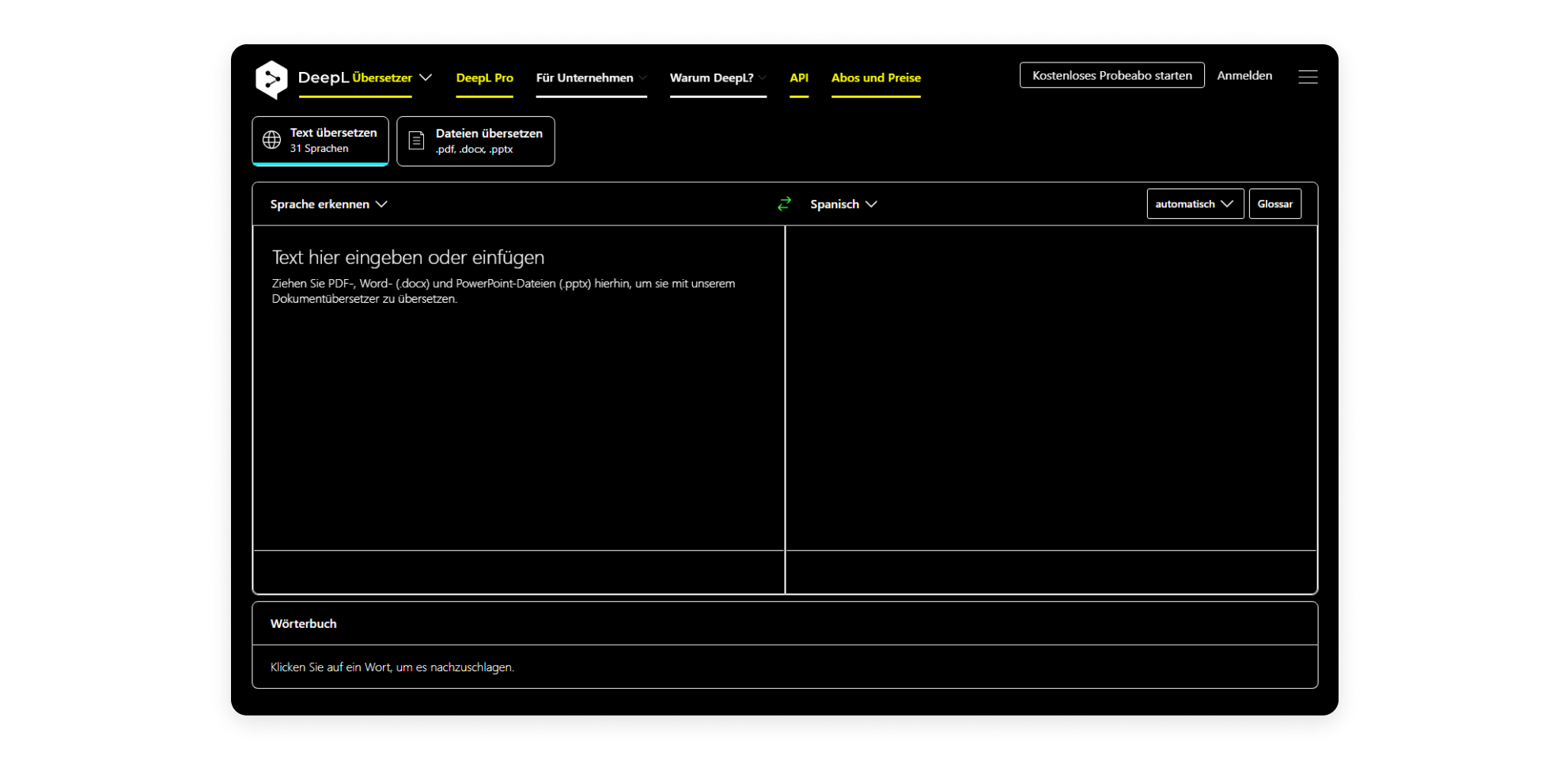 Screenshot of the DeepL translator page in a high contrast colour scheme with white text on black background and yellow and green text in key areas.
