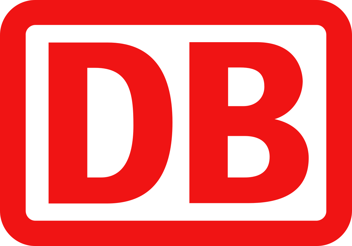 Logo for Deutsche Bahn, featuring the letters "DB" in bold, red text within a red-bordered rectangle.