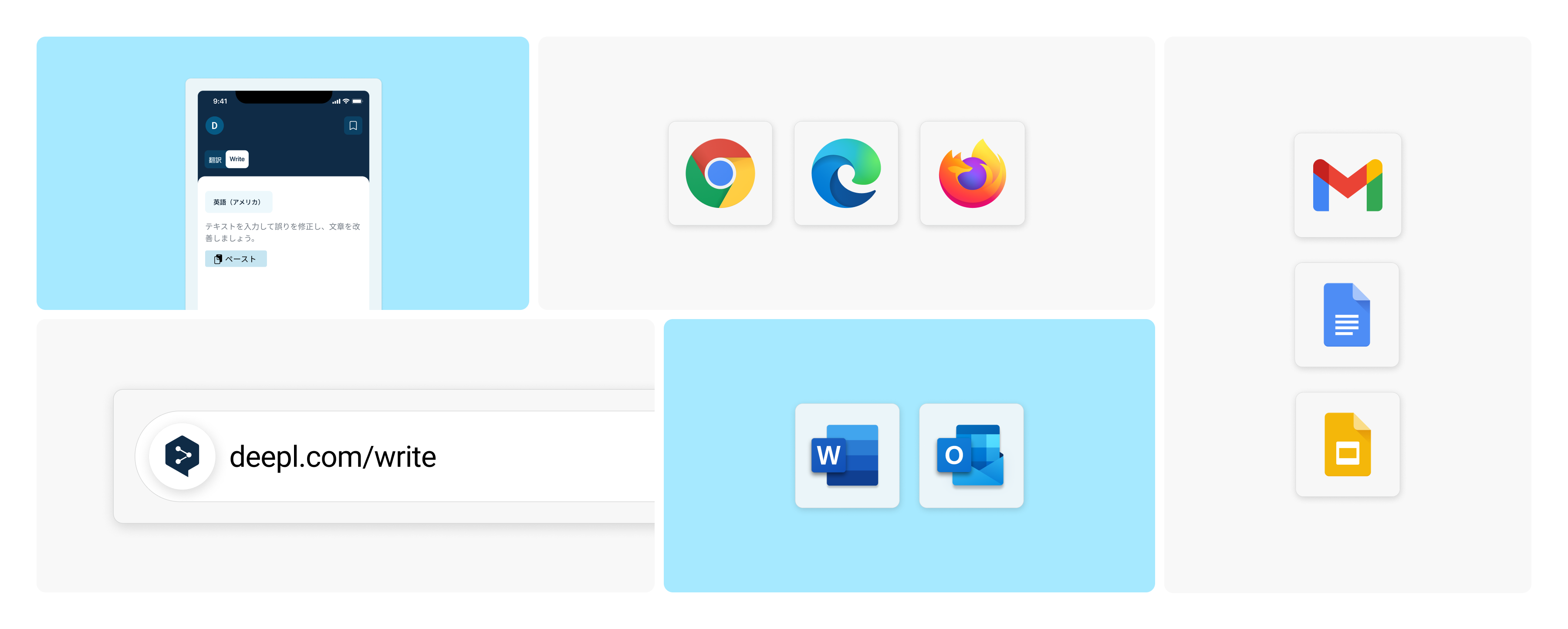 DeepL Write Proのウェブブラウザやアプリとの統合機能を示したイラスト