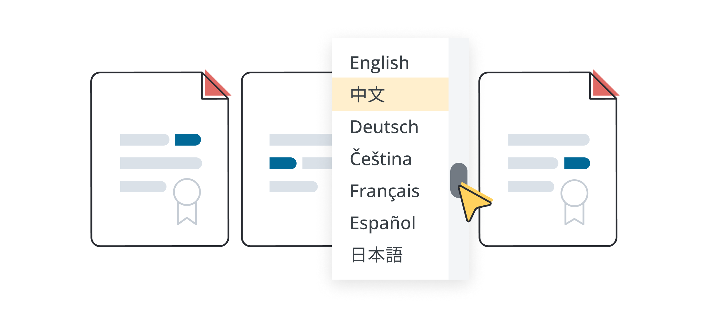 Illustration of three legal documents and a drop down menu for a mock AI translator with various languages. 