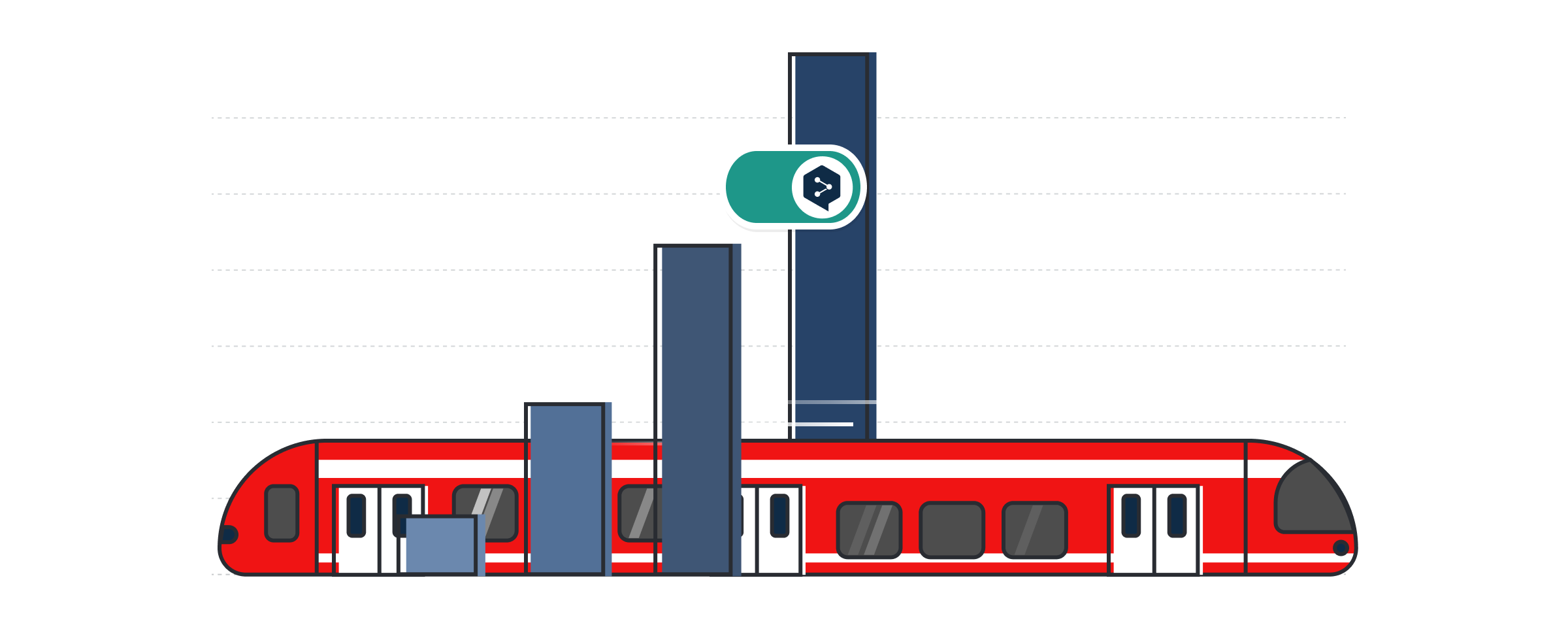 Ilustração de um comboio vermelho da DB, com o logótipo da DeepL sobre um gráfico de barras