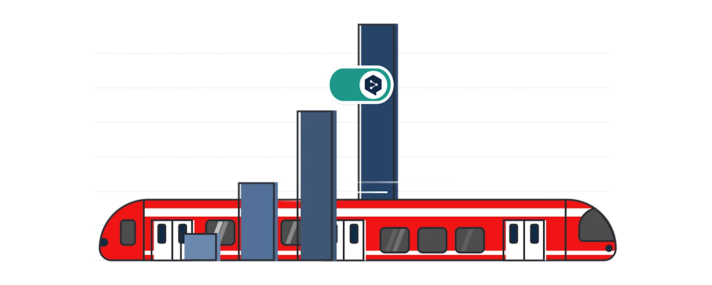 Illustration showing a red DB train and the DeepL Pro logo over a bar graph