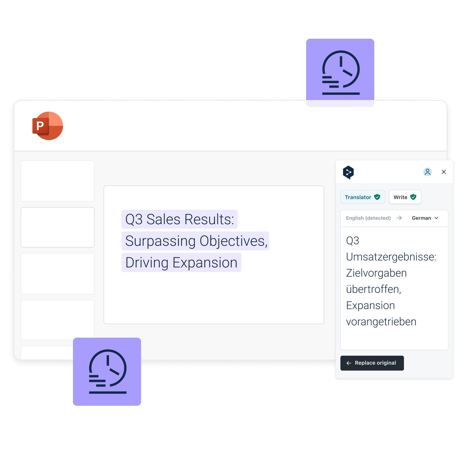 Captura de ecrã de um diapositivo PowerPoint a ser traduzido com o DeepL. O texto original está em inglês — "Q3 Sales Results: Surpassing Objectives, Driving Expansion." — e é apresentado juntamente com a respetiva tradução para alemão: "Q3 Umsatzergebnisse: Zielvorgaben übertroffen, Expansion vorangetrieben." Na interface podem ver-se as opções "Translator" e "Write", bem como um botão que permite ao utilizador substituir o texto original diretamente na apresentação.