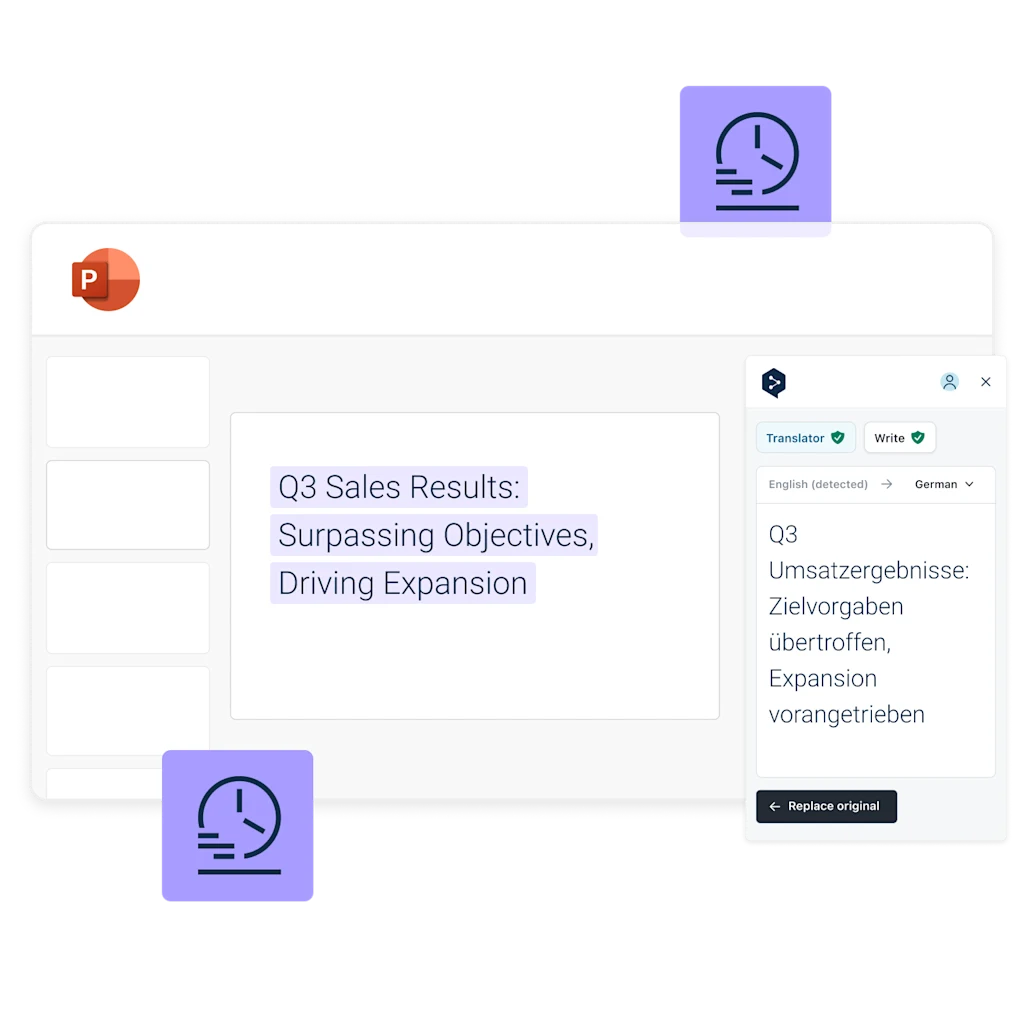Capture d'écran d'une diapositive PowerPoint traduite à l'aide de DeepL. Le texte original en anglais de la diapositive, « Q3 Sales Results : Surpassing Objectives, Driving Expansion, » est présenté à côté de sa traduction allemande, « Q3 Umsatzergebnisse: Zielvorgaben übertroffen, Expansion vorangetrieben. » L’interface comprend des options pour « Traducteur » et « Write », ainsi qu’un bouton pour remplacer le texte dans la présentation.
