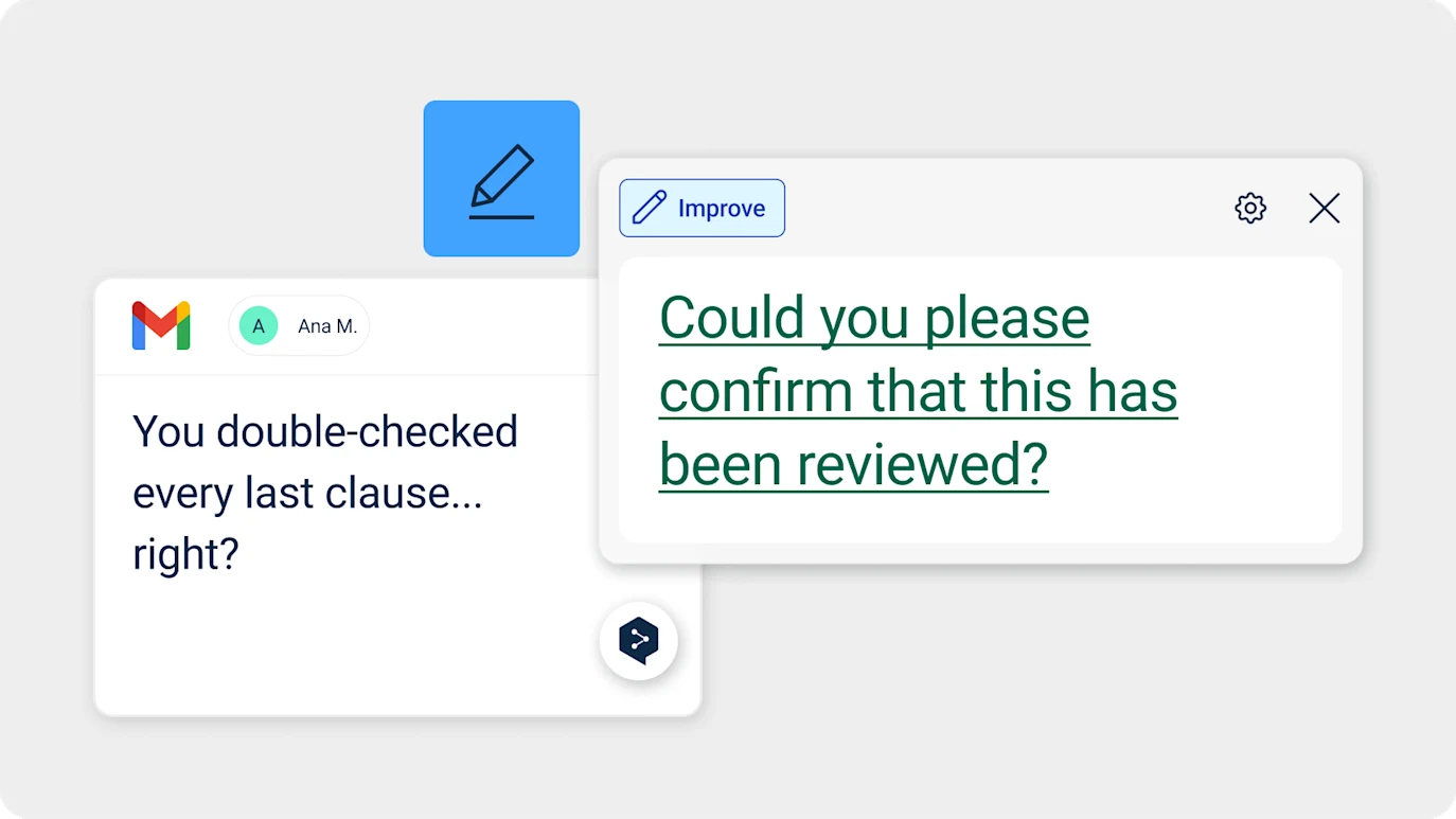 Obraz przedstawia wiadomość w Gmailu od Any M. o treści „You double-checked every last clause... right?”. Obok znajduje się pole tekstowe z wiadomością: „Could you please confirm that this has been reviewed?” i powyżej przycisk „Improve”.