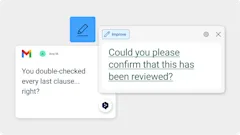 Uma captura de ecrã que mostra uma mensagem do Gmail de Ana M. que diz: "You double-checked every last clause... right?" Ao lado, encontra-se uma caixa de texto com a mensagem "Could you please confirm that this has been reviewed?" e um botão com a etiqueta "Improve" sobreposto.