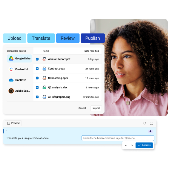 Een vrouw die Translation Flow gebruikt. De gebruikersinterface toont hoe belangrijke systemen kunnen worden gekoppeld en biedt een voorbeeldweergave van de functies.