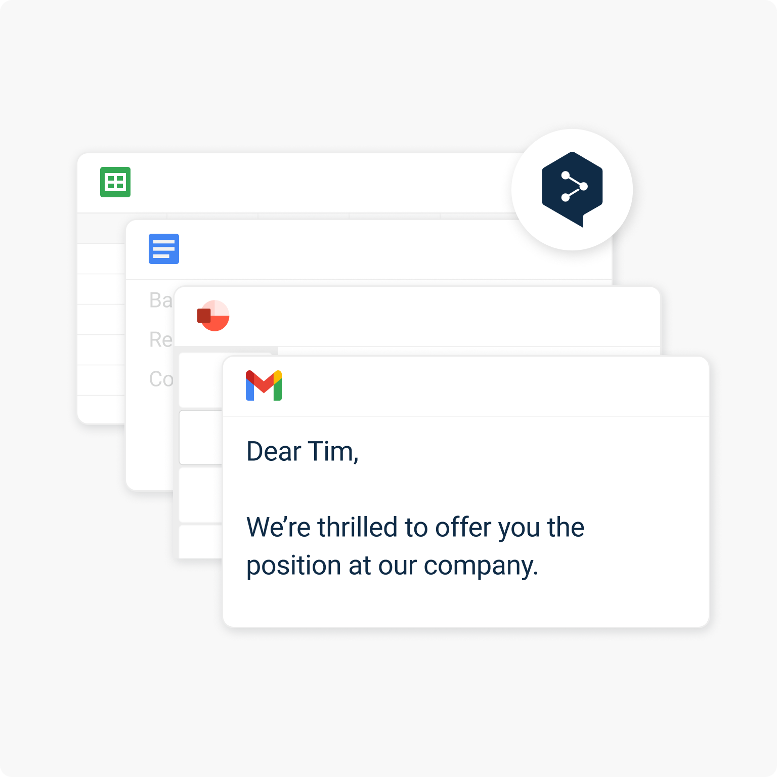 A imagem exibe uma pilha de ícones de aplicativos, incluindo uma planilha, um documento e um e-mail. Uma mensagem no Gmail diz em inglês: “Dear Tim, We're thrilled to offer you the position at our company.”