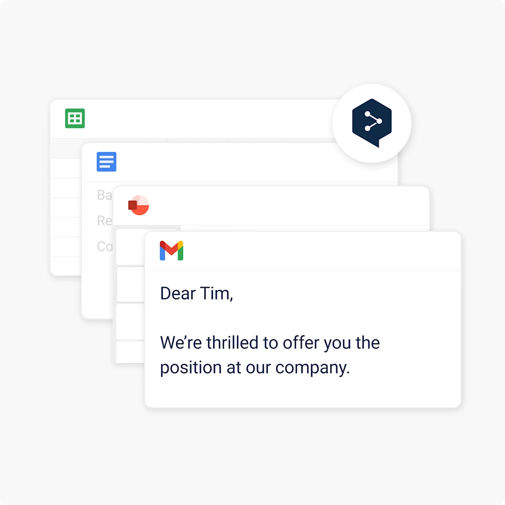 L’image comprend une série d’icônes d’applications, dont une icône de tableur, de document et d’e-mail. Un e-mail disant : « Dear Tim, We’re thrilled to offer you the position at our company. » se trouve au premier plan.