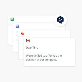 A imagem exibe uma pilha de ícones de aplicativos, incluindo uma planilha, um documento e um e-mail. Uma mensagem no Gmail diz em inglês: “Dear Tim, We're thrilled to offer you the position at our company.”