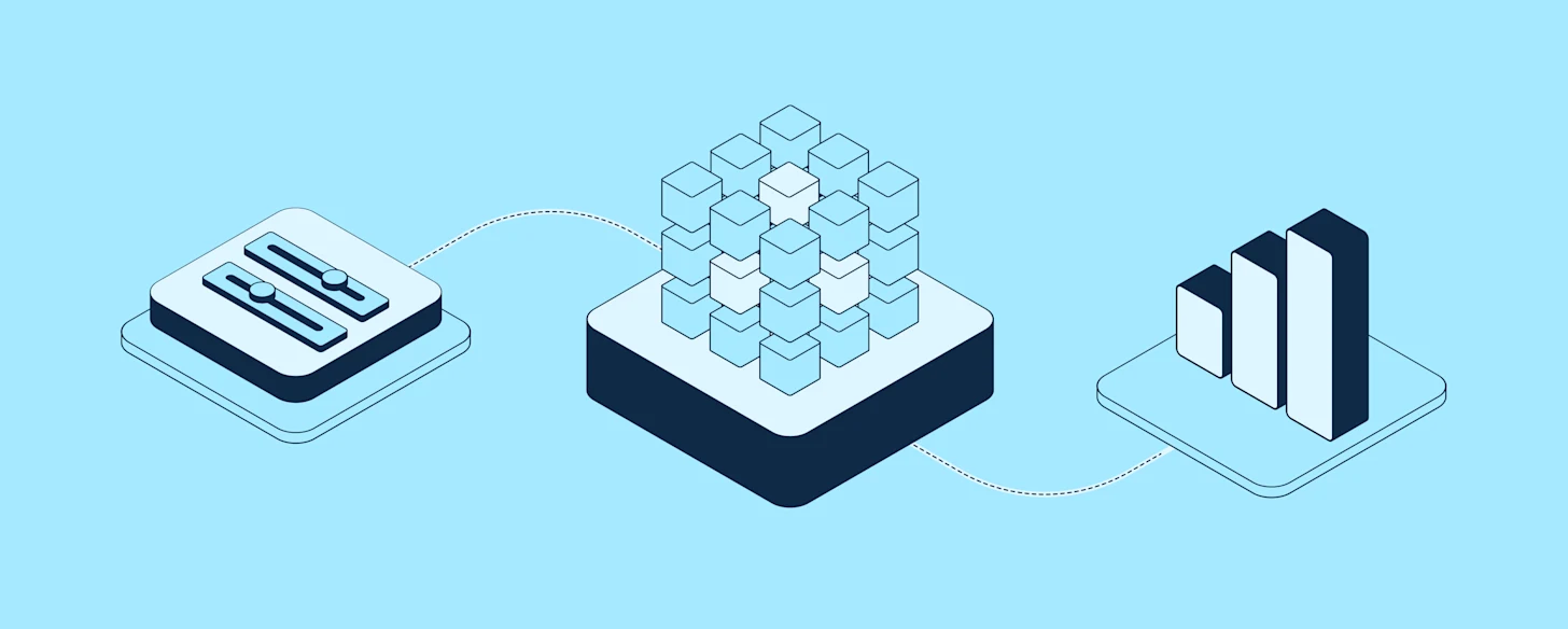 Illustration showing graphs and blocks with blue background