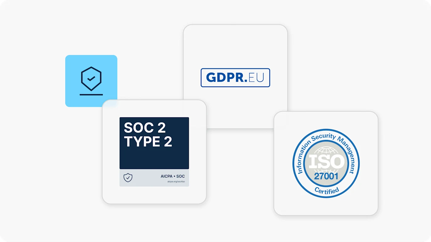 Image des labels attestant que l'API de DeepL est certifiée SOC 2 Type 2 et ISO 27001, et qu'elle est conforme au RGPD.