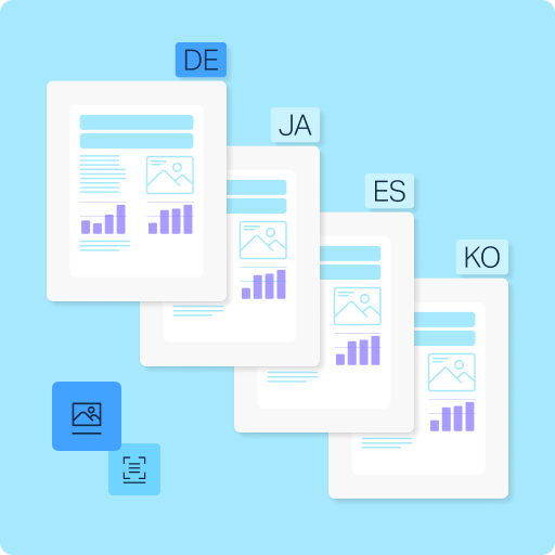Identieke bestanden die vanuit het Duits naar het Japans, Spaans en Koreaans zijn vertaald, waarbij de opmaak behouden is gebleven en de afbeeldingen zijn vertaald, met pictogrammen die de afbeelding en de tekst weergeven.
