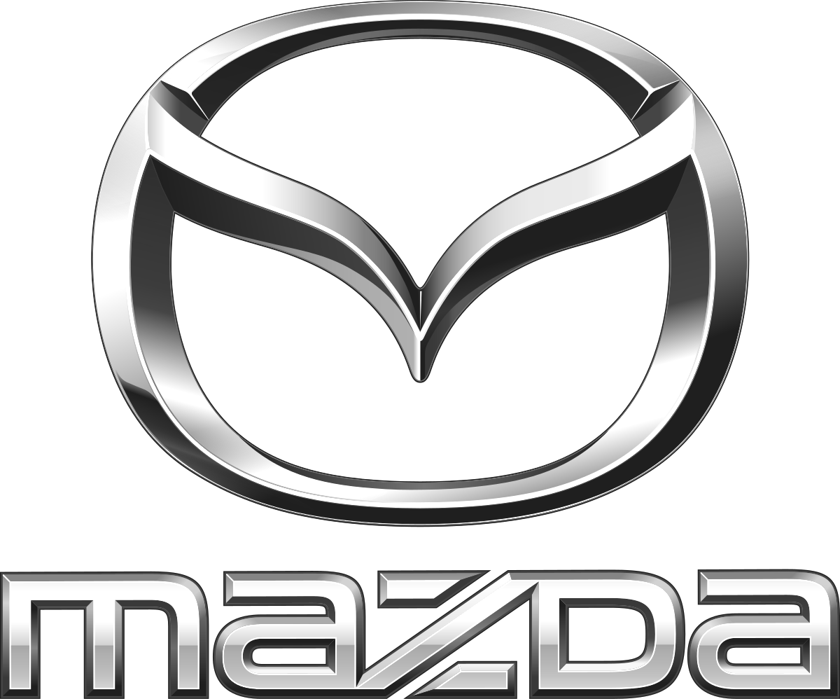 Logotipo de Mazda con un emblema plateado sobre el nombre de la empresa, que, a su vez, está escrito en negrita y en color plateado.