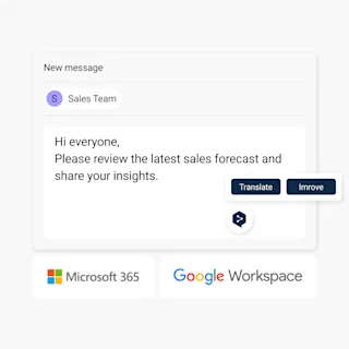 Сообщение от отдела продаж: «Hi everyone, Please review the latest sales forecast and share your insights». Под сообщением две кнопки: «Translate» и «Improve». В нижней части отображаются логотипы Microsoft 365 и Google Workspace.