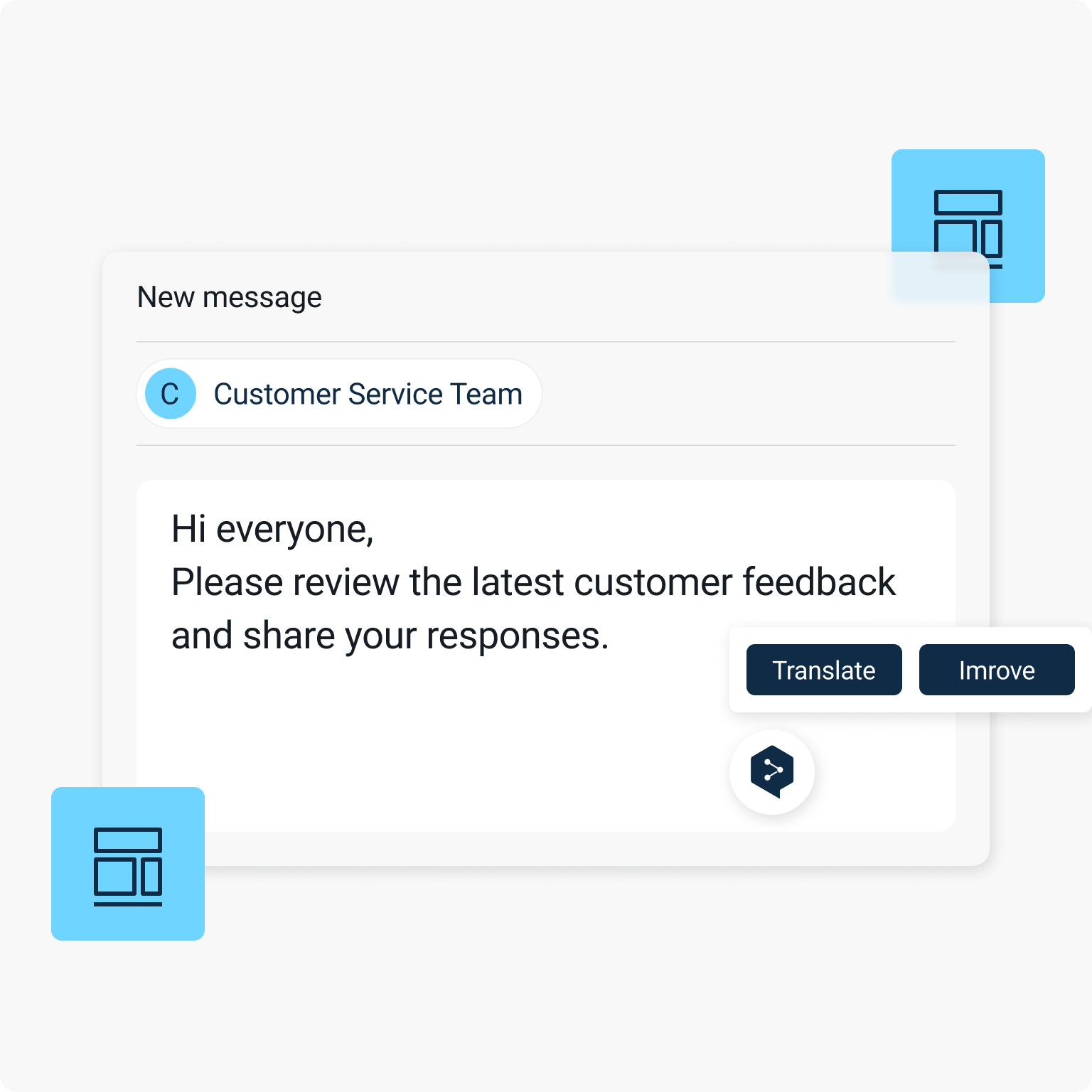 A imagem mostra uma interface de mensagem da equipe de atendimento ao cliente. A mensagem diz o seguinte: “Hi everyone, Please review the latest customer feedback and share your responses.” Há dois botões em inglês chamados de “Translate” e “Improve”. Há ainda dois ícones azuis com um símbolo de layout ou grade nos lados esquerdo e direito da mensagem.