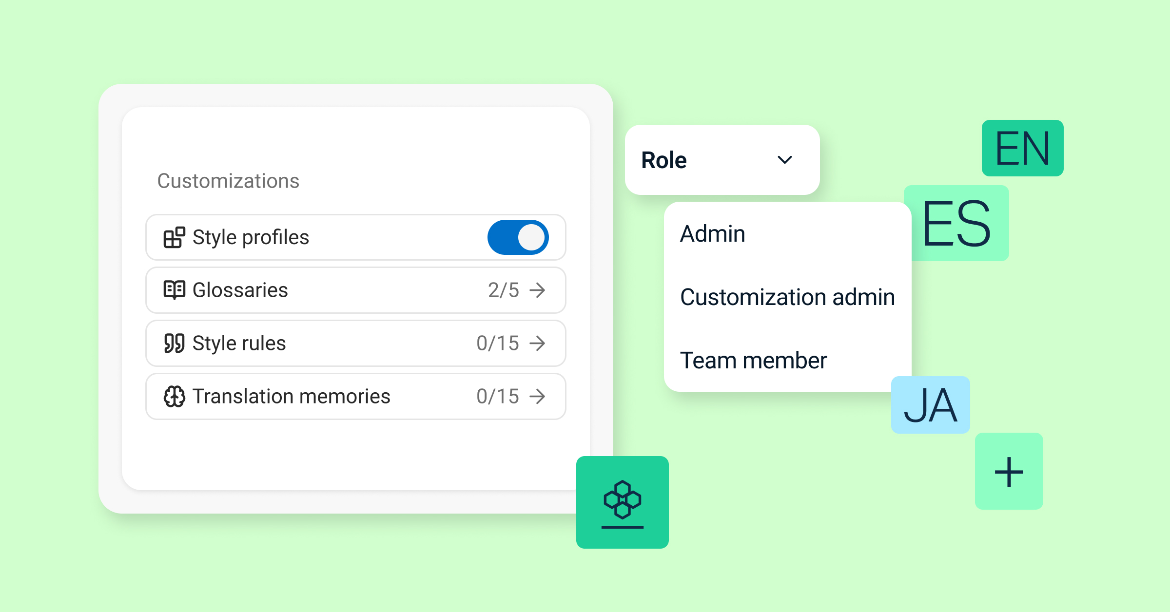 De gebruikersinterface van de Customization Hub met de beheerdersrol voor aanpassingen