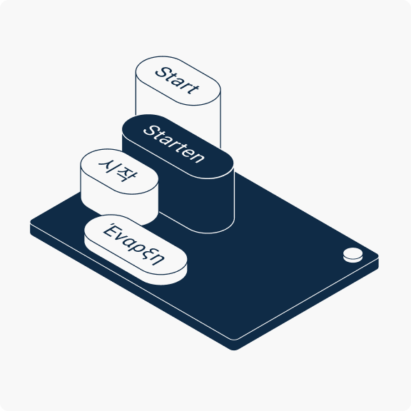 Blok met knoppen waarop 'start' staat in het Engels, Duits, Koreaans en Grieks.