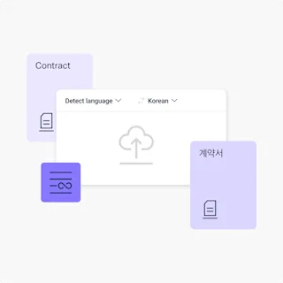 Uma interface central apresenta um ícone de carregamento na nuvem com um menu pendente por cima, com as opções "Detect Language" e "Korean" selecionadas. À volta desta interface estão três ícones de documentação: um com a etiqueta "Contract", outro com caracteres coreanos e um terceiro com um ícone que representa texto.