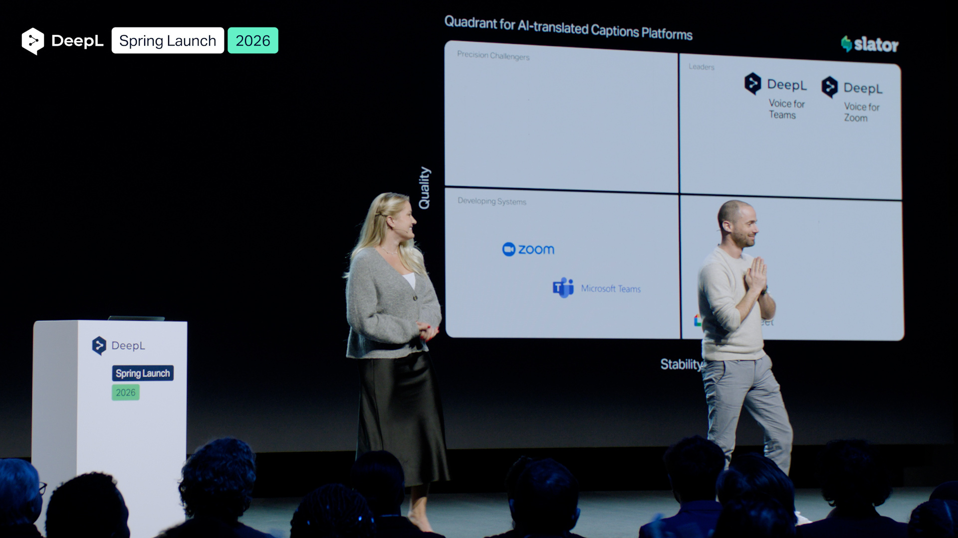 A man and woman on stage during a DeepL event.