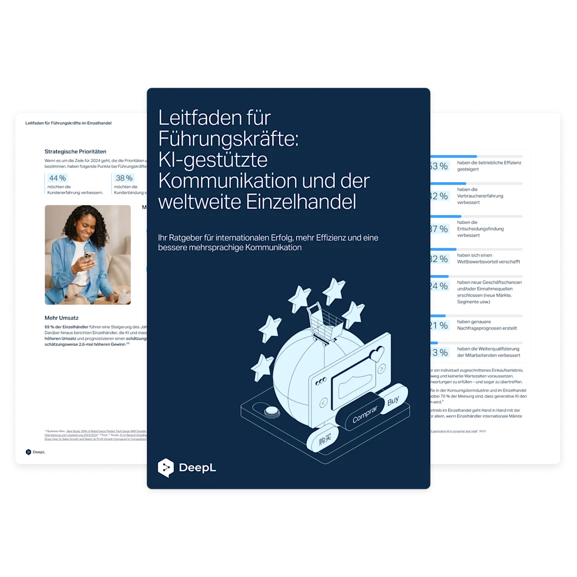Digitale Broschüre mit dem Titel „The executive guide to KI-enabled communication and global retail“ und dem Untertitel „Scale success, drive efficiency, and boost connection across borders“. Das Cover zeigt eine Weltkugel mit einem Einkaufswagen, Sternen und Schaltflächen in verschiedenen Sprachen. Auf der Broschüre ist das Logo von DeepL zu sehen. Im Hintergrund befinden sich Seiten mit Text und Grafiken.