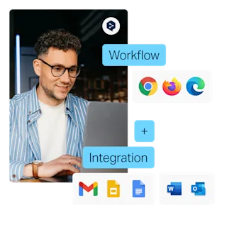 Een persoon die op een laptop werkt, met daarop de labels "Workflow" en "Integratie" die verbonden zijn door een plusteken. Aan de rechterkant staan browserpictogrammen voor Chrome, Firefox en Edge. Daaronder staan pictogrammen voor Gmail, Google Docs, Google Sheets, Microsoft Word en Microsoft Outlook.
