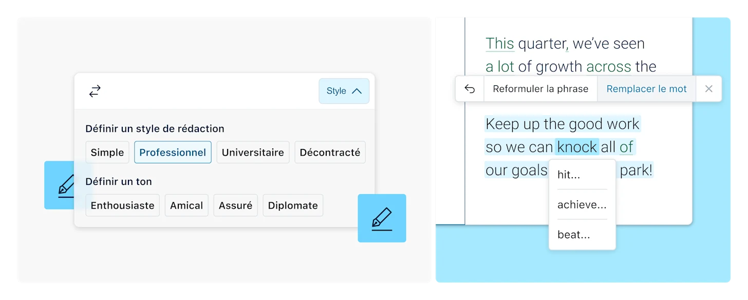 Illustration des styles et des tons de DeepL Write Pro avec un exemple