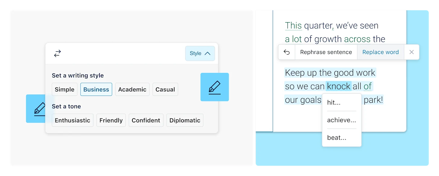 Illustration showing Write Pro styles and tones with example
