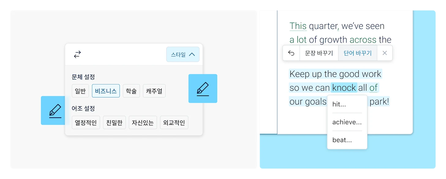 예시와 함께 Write Pro에서 사용할 수 있는 문체와 어조를 보여주는 일러스트레이션