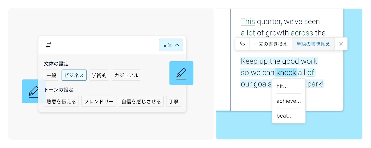 例を用い、DeepL Write Proの文体とトーンを示したイラスト