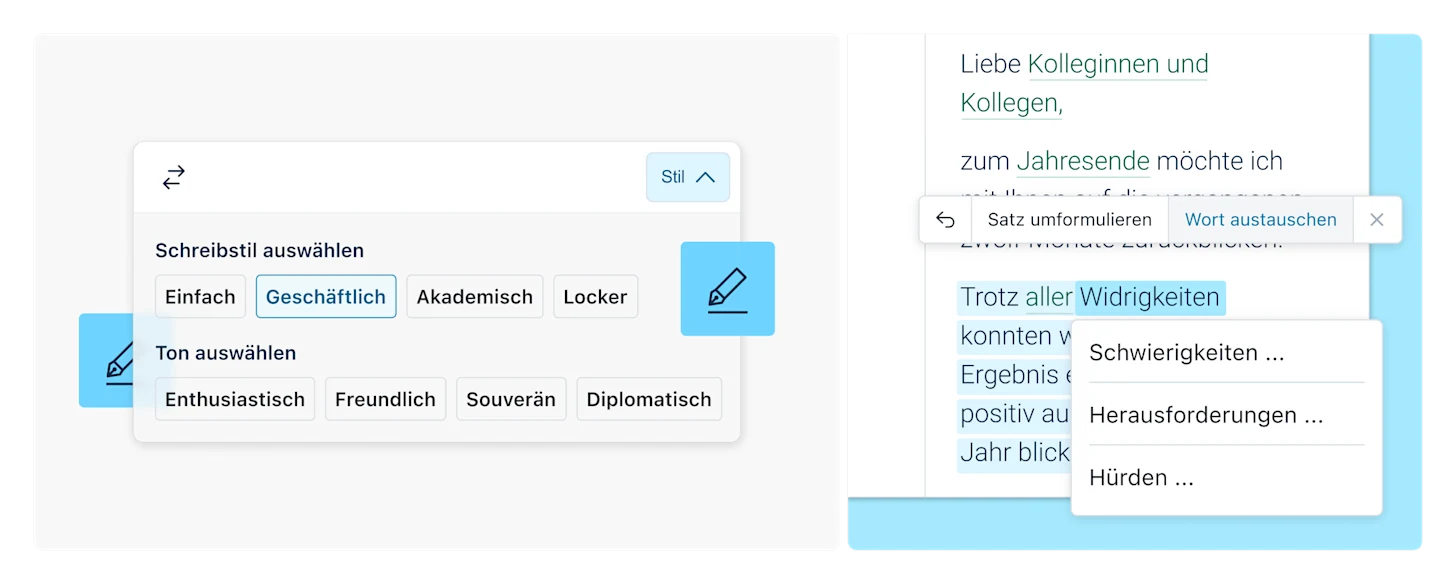 Abbildung zur Festlegung von Schreibstil und Ton mit DeepL Write Pro