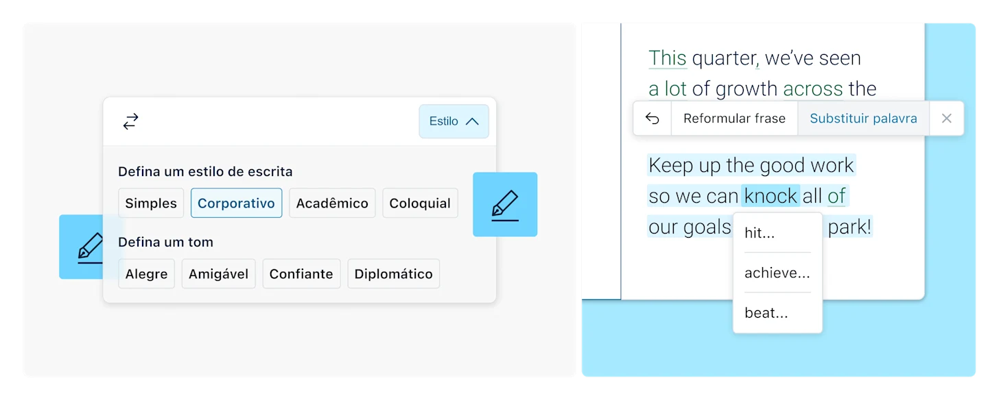 Ilustração mostrando os recursos de estilos de escrita e tons de voz do DeepL Write Pro com exemplo