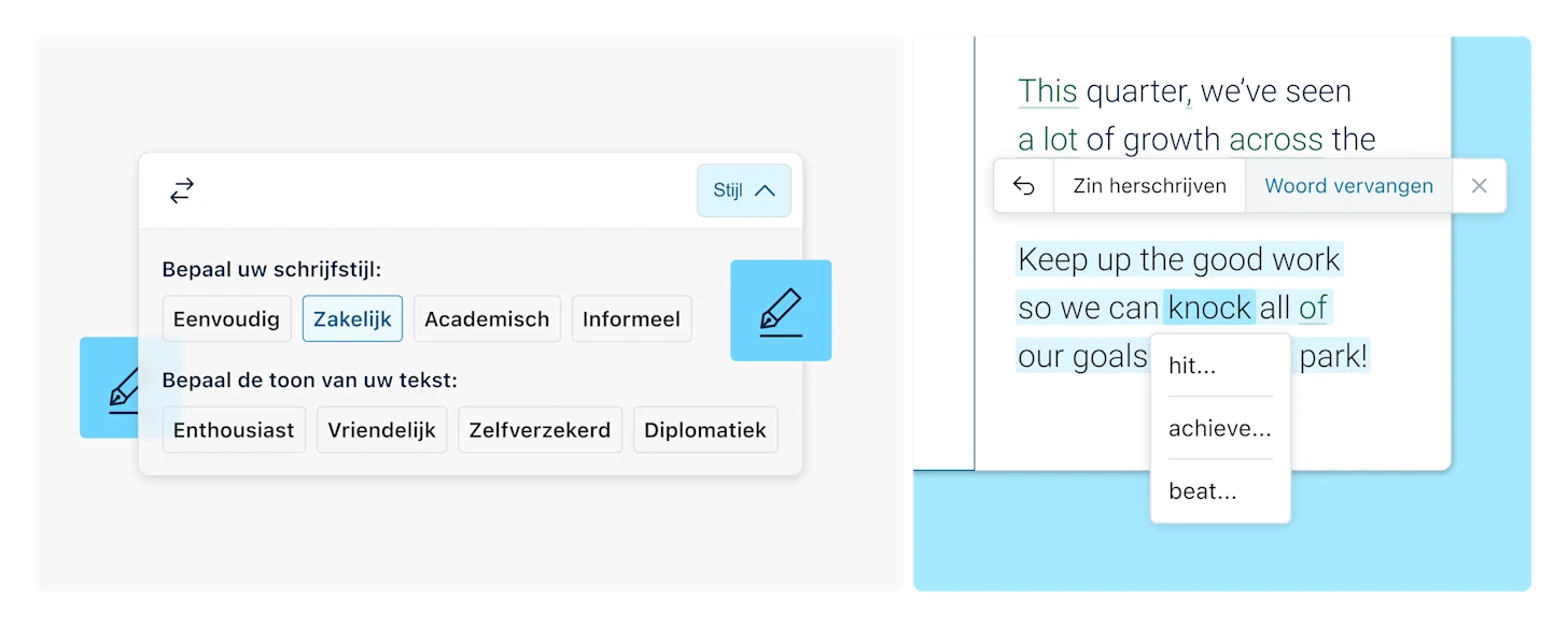 Afbeelding die de schrijfstijlen en -tonen van DeepL Write Pro toont