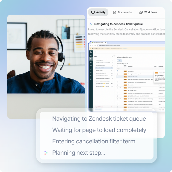The image depicts a customer service representative using the DeepL agent to help them complete a complex workflow.