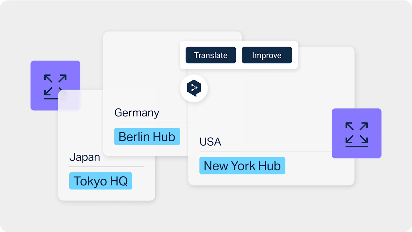 Obraz przedstawia interfejs użytkownika z trzema etykietami lokalizacji: „Berlin Hub” w sekcji „Niemcy”, „Tokyo HQ” w sekcji „Japonia” i „New York Hub” w sekcji „USA”. U góry znajdują się dwa przyciski oznaczone jako „Tłumacz” i „Popraw”. Po bokach znajdują się dwie fioletowe ikony ze strzałkami skierowanymi na zewnątrz, wskazujące opcję rozwinięcia lub wyświetlenia większej ilości szczegółów.