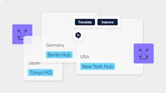 A imagem mostra uma interface de usuário com três rótulos de localização: “Berlin Hub” abaixo da “Alemanha”, “Tokyo HQ” abaixo do “Japão” e “New York Hub” abaixo dos “EUA”. Na parte superior, há dois botões em inglês chamados de “Translate” e “Improve”. Nas laterais, há dois ícones roxos com setas apontando para fora, indicando uma opção para expandir ou visualizar mais detalhes.