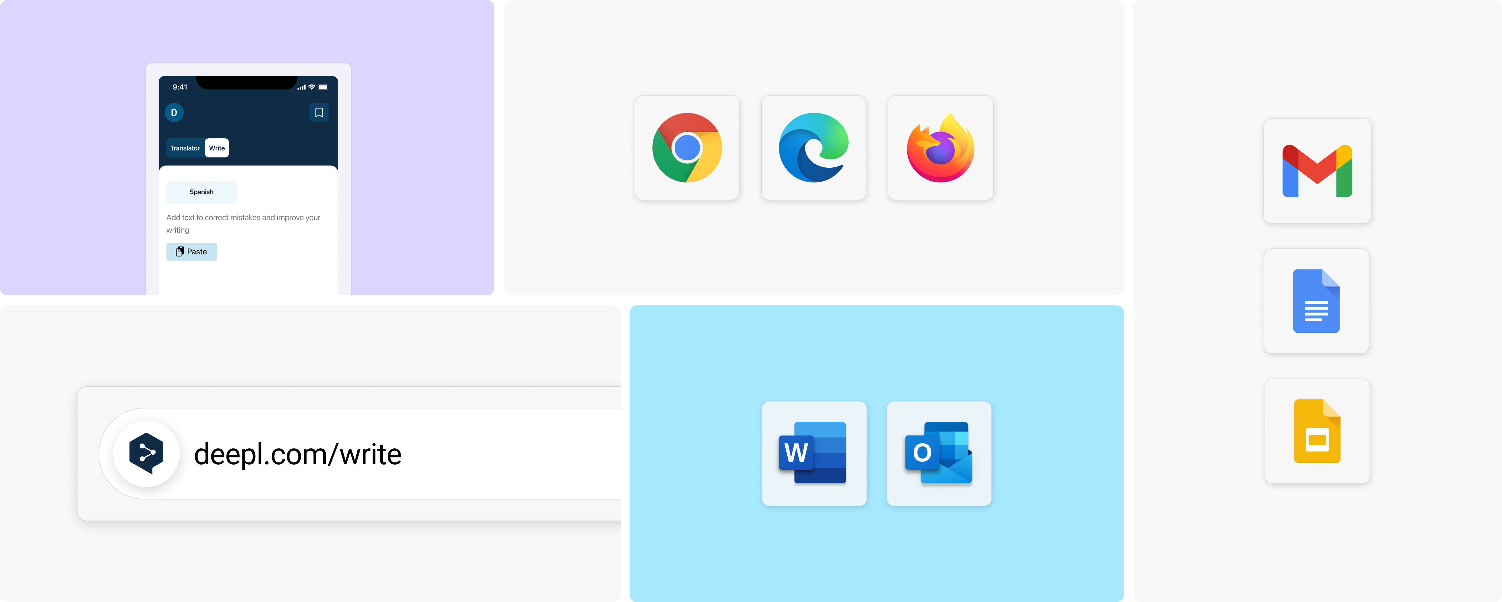 Ilustración que muestra las integraciones de DeepL Write para corregir la gramática y mejorar la productividad
