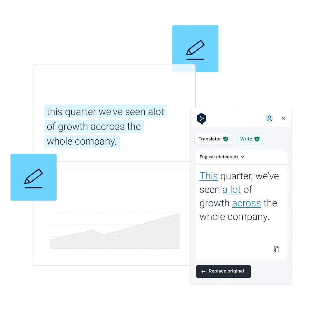 Capture d'écran de l'interface de DeepL Write montrant la correction d'un texte dans un document PowerPoint. Le texte original est : « This quarter, we’ve seen a lot of growth across the whole company. » DeepL Write propose des améliorations grammaticales : « This quarter, we've seen a lot of growth across the whole company. » L’interface comprend des options pour « Traducteur » et « Write », ainsi qu’un bouton pour remplacer le texte original par le texte corrigé.