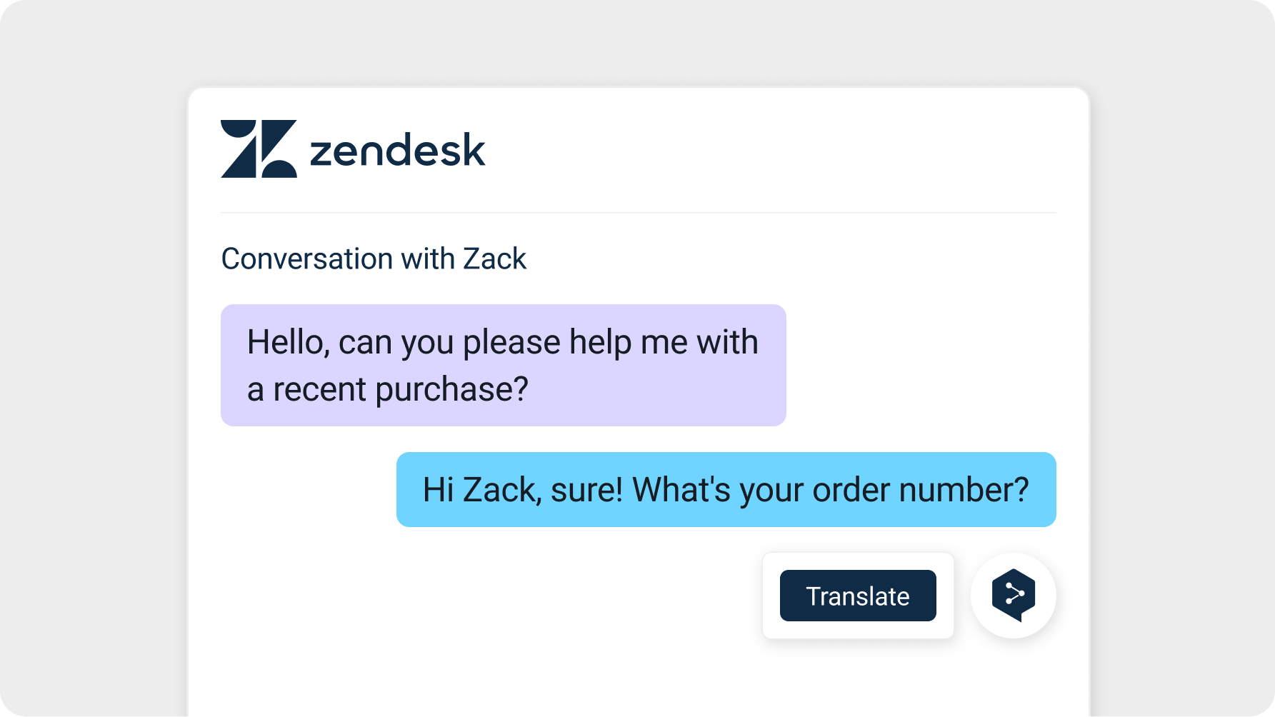 A imagem mostra uma interface de chat do Zendesk com uma conversa entre um cliente e um agente de atendimento. O cliente diz: "Hello, can you please help me with a recent purchase?" num balão de diálogo roxo. O agente de atendimento responde: "Hi Zack, sure! What's your order number?" num balão de diálogo azul. Por baixo da conversa, há um botão "Translate".