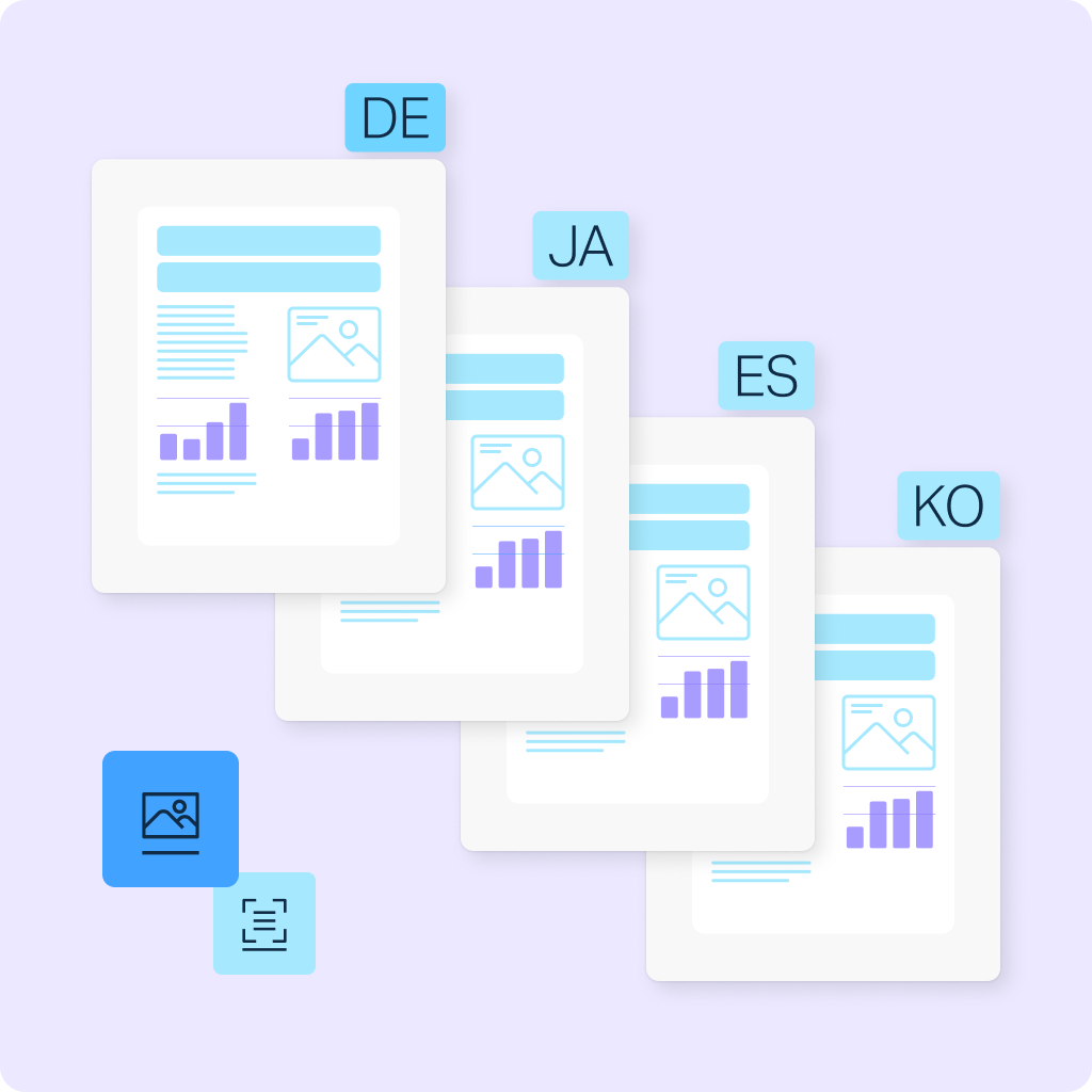 Illustration of multiple documents translated into German, Japanese, Spanish, and Korean, from image to text document